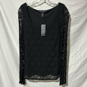 Context M black lace overlay body sheer bell sleeves scoop neck dressy NWT